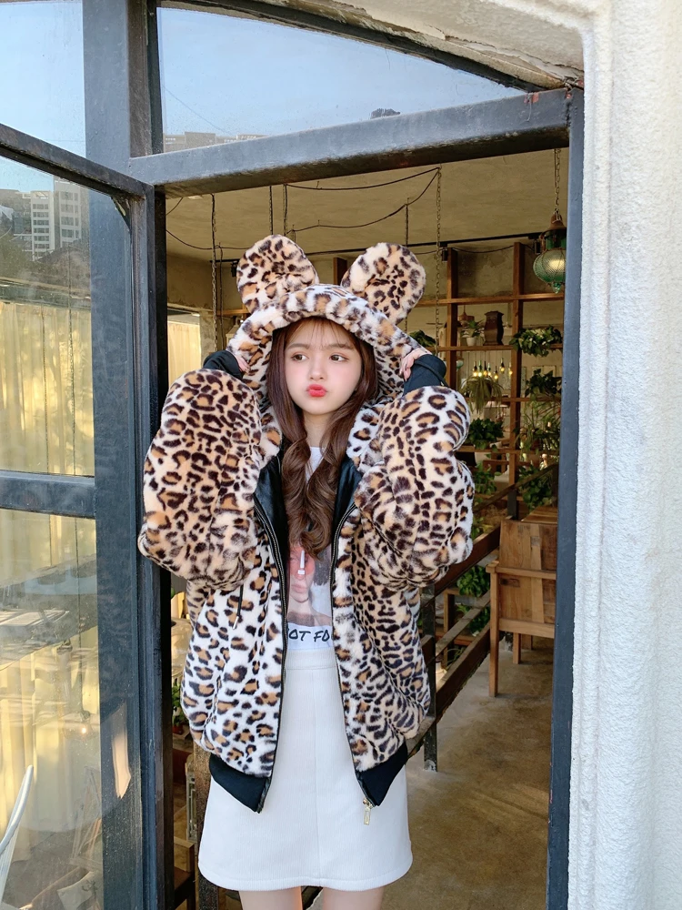 

Leopard Faux Fur Hooded Lolita Coat Fashion Winter New Thick Warm Artifical Rabbit Fur Lovely Plush Bear Ear Overcoat Female