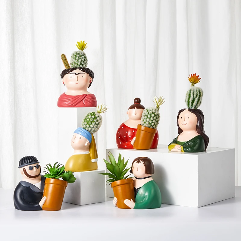 Cartoon Portrait Flower Pot Resin Planter Succulent Plants Flowerpots Pencil Holder Desktop Vase Figurines Home Table Decoration