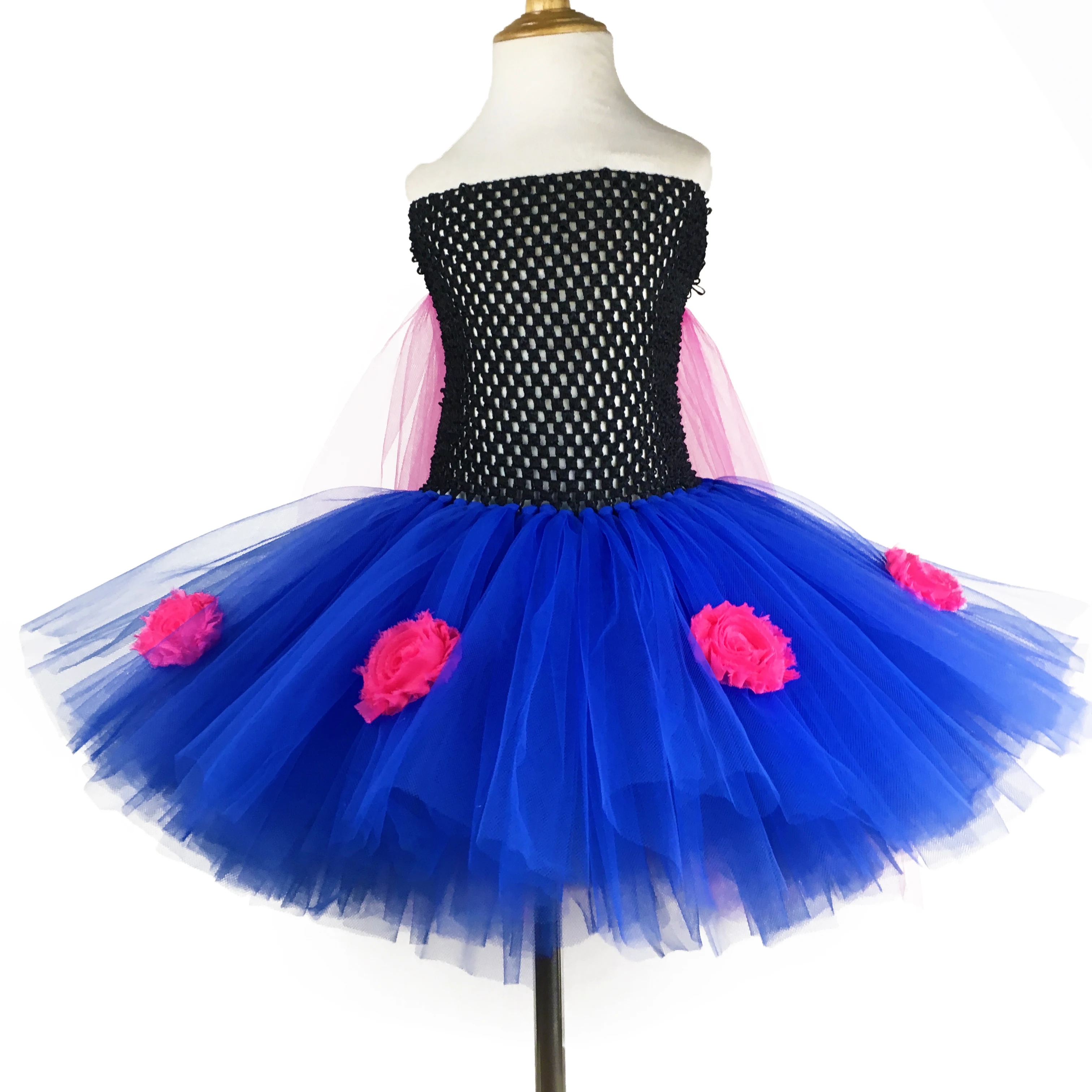 Girls Anna Princess Tutu Dress Kids Crochet Tulle Dress with Hot Pink Shawl and Flowers Children Cosplay Party Costume Dresses