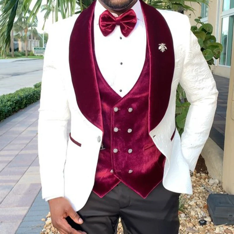 Luxury White Jacquard Suit Male Set Slim Fit Wedding Groom Dress Tuxedo Shawl Lapel Blazer Burgundy Velvet Vest Pants 3Pcs 2025