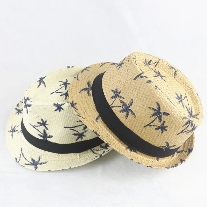 Adult / Child Linen Woven Jazz Straw Hat Men Women Coconut Tree Pattern Sun Hat Summer Beach Travel Sunscreen Ribbon Hat U27