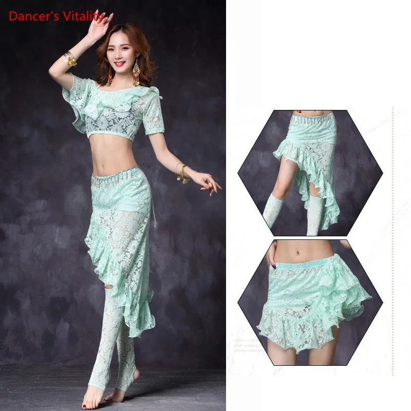 Women 2-Piece sexy Belly Dance Costume Lace Top + Short Skirt Belly Dancer Performance Practice costume