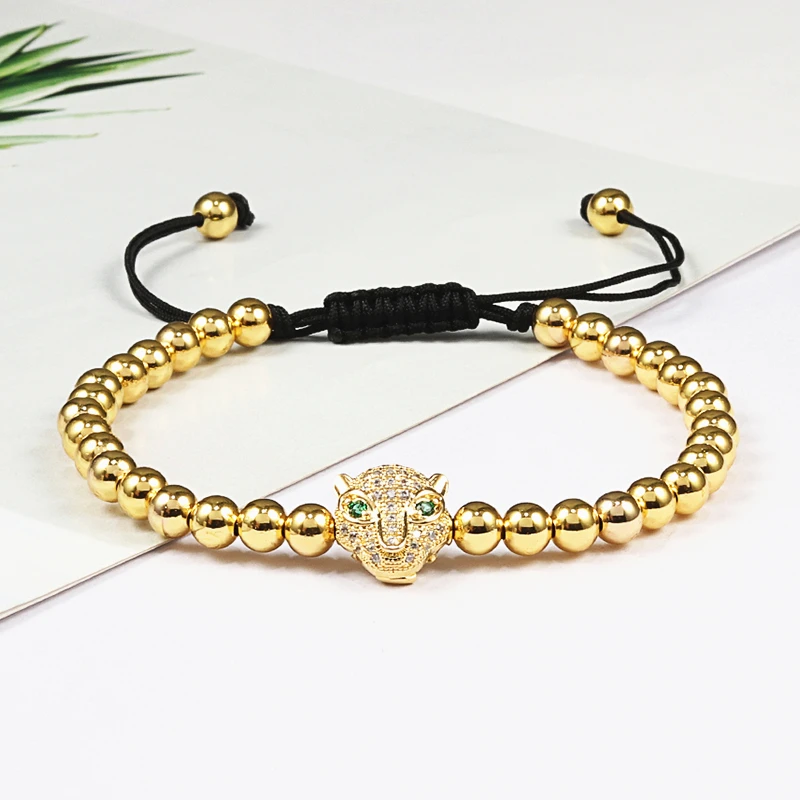 Men Bracelet Gold Color Leopard Head 5MM Pave Beads Braided Bracelets Bangles Handmade Armband Luxury Royal Women Jewelry Gift