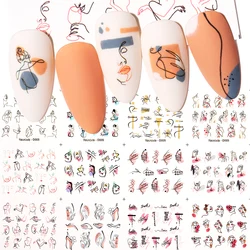 12Pcs Abstract Face Pattern Nail Stickers Set Decals Spring Fruit Leaves Geometric Transfer Decals Sliders Manicures Decoration