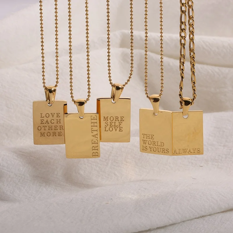 Stainless Steel Inspirational Necklace PVD Gold Plated Engraved Letters Square Pendant Beads Chain Necklace for Women Girl Gift