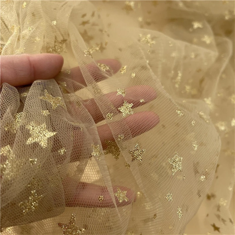 Print Gold Small Stars Tulle Lace Fabric Glitter Mesh for Party Dress, Tutu Dress, Evening Ball Gown, Veil suply