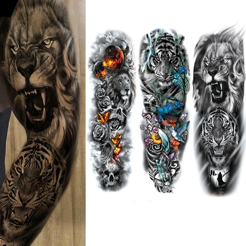 50 Piece Wholesales Full Arm Waterproof  Temporary Tattoo Sticker Tiger Lion Wolf Fish Skull Flower Body Leg Sleeve Woman Men