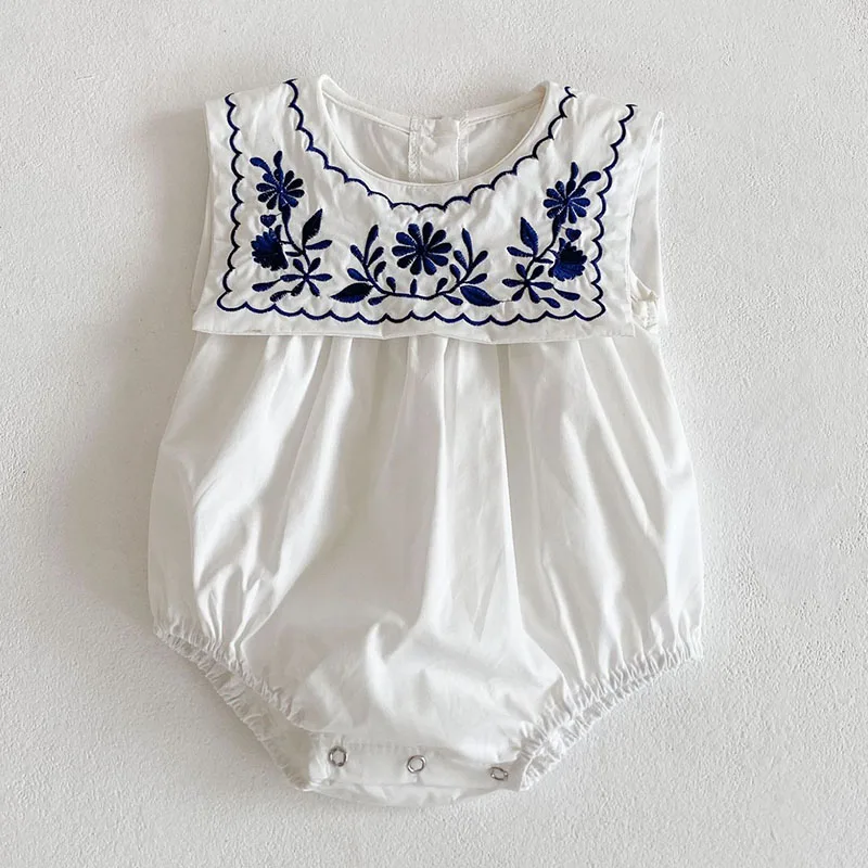 Korean Style Infant Baby Girls Jumpsuit Navy Collar Embroidery Cotton Newborn Baby Girl Bodysuits Summer Baby Girls Clothes