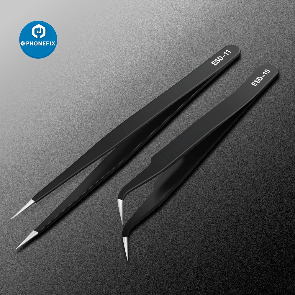 2pcs/lot Precision Tweezers Anti-static Tips Stainless Steel ESD Tweezers Electronics Repair Tools for Phone Motherboard Repair