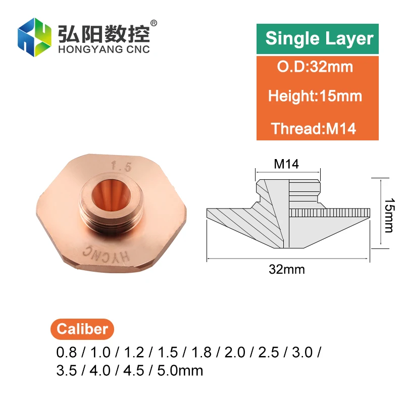 Cutting Head Laser Nozzle Double Layer Single Layer D32mm Diameter 0.8-5.0 Mm, CNC Welding Optical Fiber Hexagonal Copper Nozzle