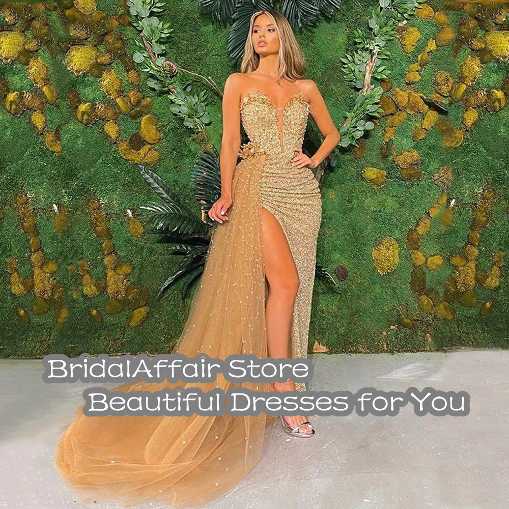 BridalAffair Luxury Gold Champagne Prom Dresses Sweetheart Beads Side Slit Prom Gowns Occasion Dress 2022