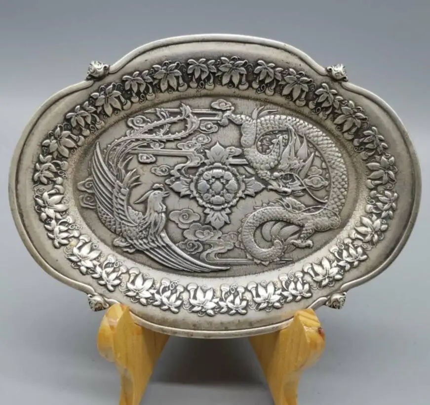 China White copper archaize dragon phoenix plate crafts statue