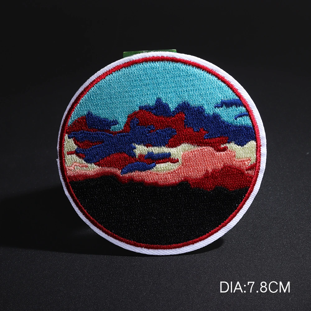 Landscape circular embroidery badge patches cloth Alien UFO evening glow Day and night DIY sticker decorative accessories