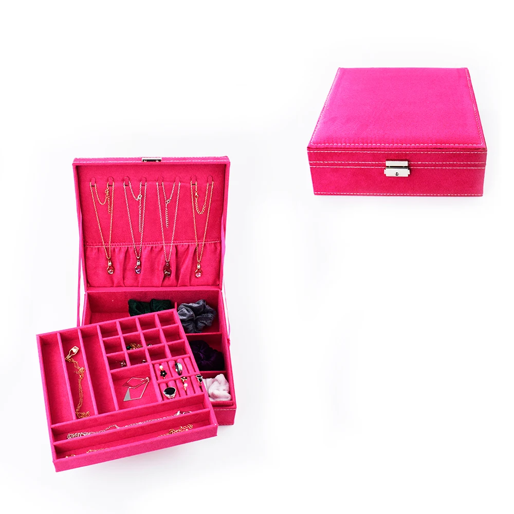 Hot Pink two-layer lint jewelry box organizer display storage case with lock