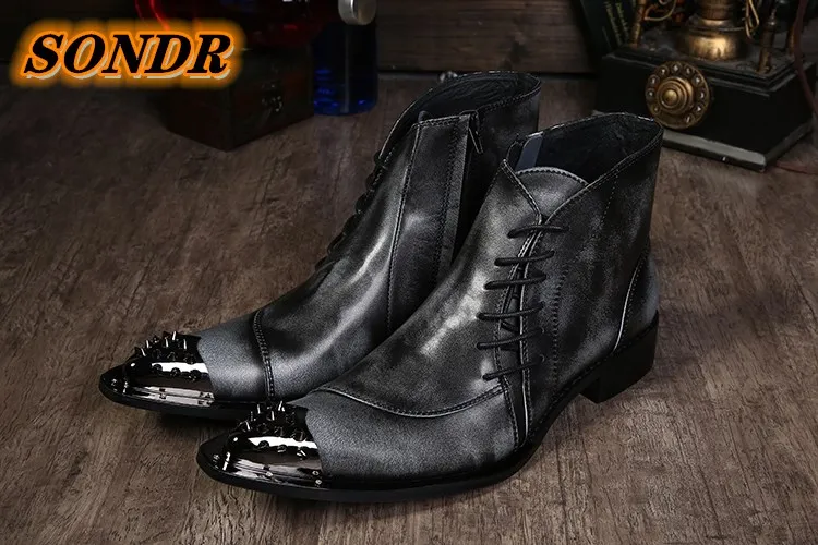 

Men Boots Genuine Leather Rivets Lace Up Ankle Boots Men Martens Iron Pointed Toe Retro Fashion Casual Shoes Zapatos Hombre