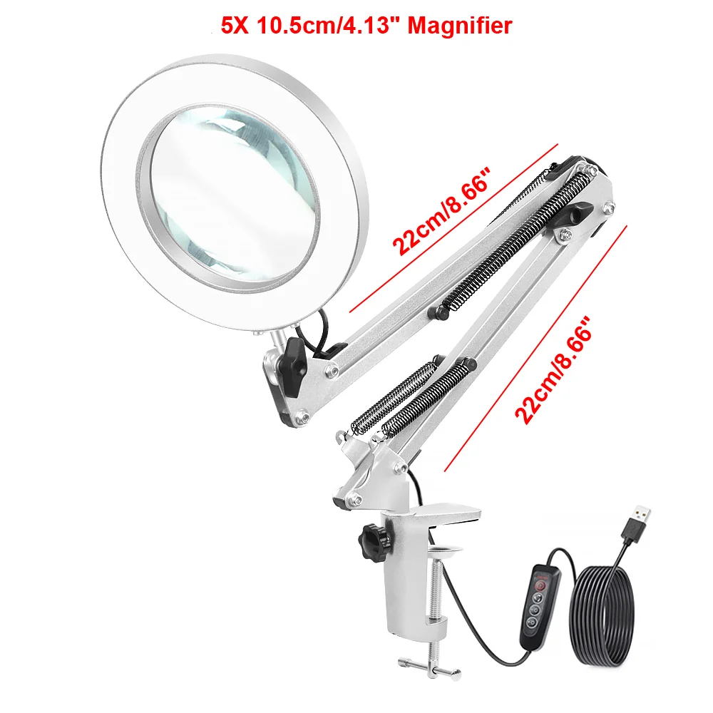 Flexibele Desk Grote 5X Usb Led Vergrootglas 3 Kleuren Verlicht Vergrootglas Lamp Loupe Reading/Rework/Solderen