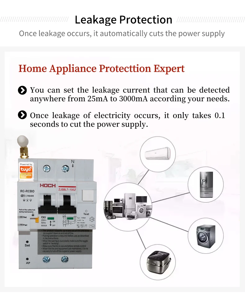 HOCH WIFI Circuit Breaker Energy Monitoring RCBO Remote Control RS485 Tuya & Smart Life Timer Automatic Interruptor Wifi Factory