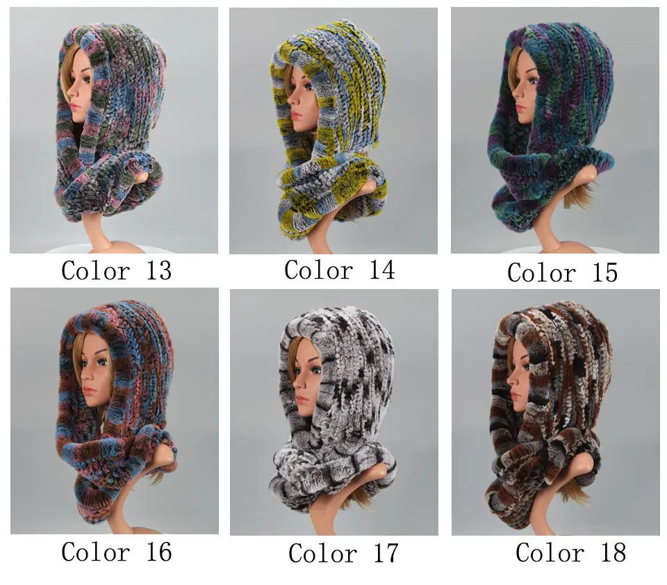 Frauen Gestrickte Echte Rex Kaninchen Pelz Hut Mit Kapuze Schal Winter Hüte für Frau Herbst Kappe Warme Natürliche Pelzmütze mit Hals Schals Bonnets – Detail 2