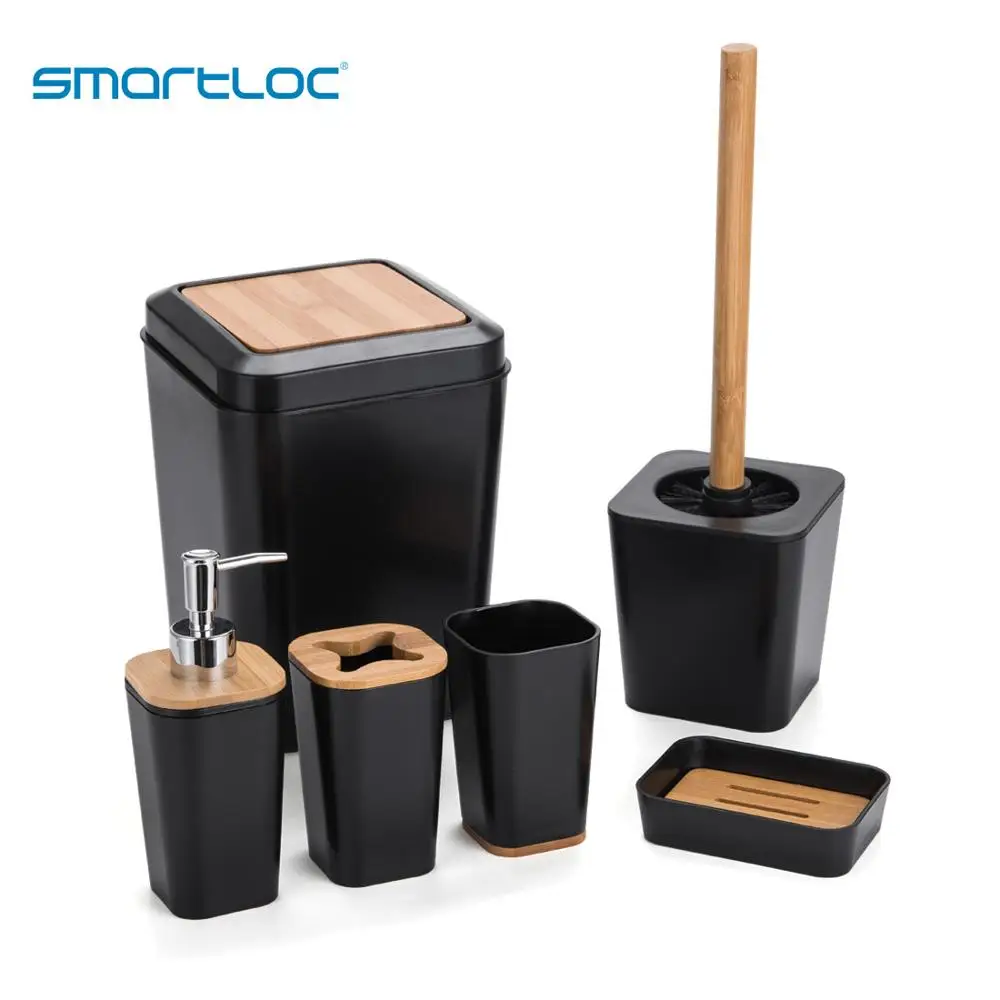 Set of 6 Smartloc Plastic Bathroom Accessories  Toothbrush Holder Toothpaste Dispenser Case Soap Box Shower Storage Black