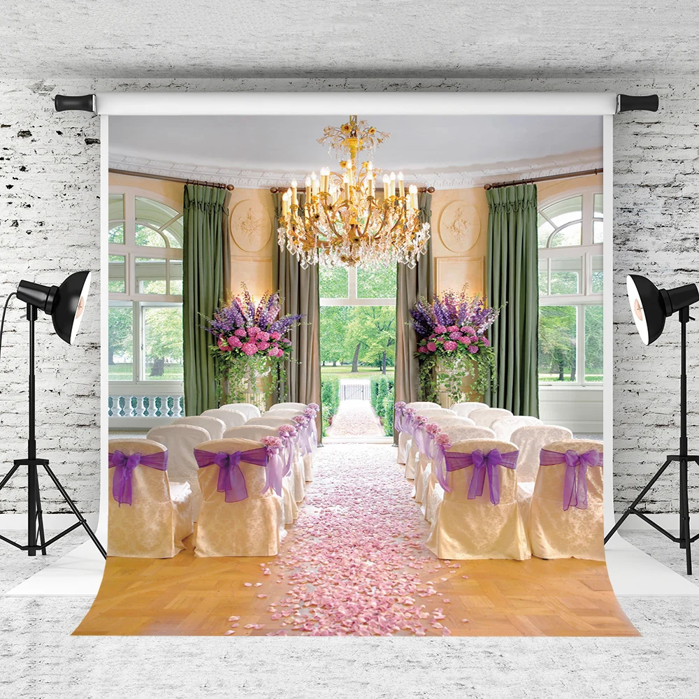 

VinylBDS 10x10ft Wedding Backdrop Chair Chandelier Wedding Scene Wedding Background Photography Microfiber Backdrop