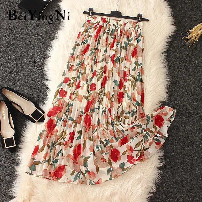 Beiyingni Summer Chiffon Beach Boho Maxi Women Skirt High Waist Floral Print Vintage Holiday Ruched Long Fashion Skirts Faldas