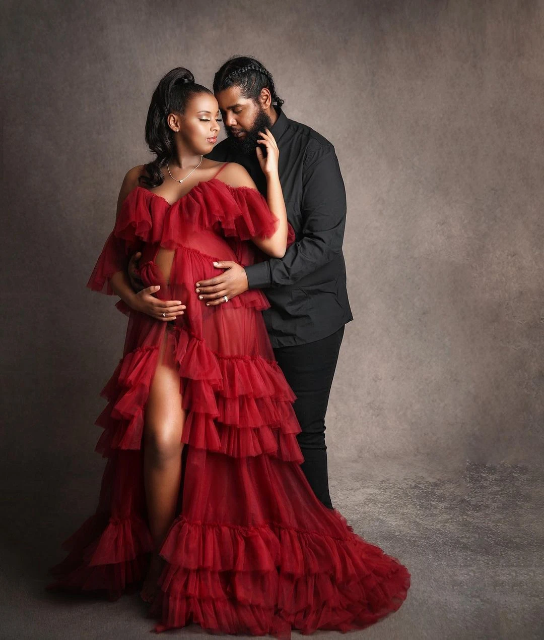 Vestido vermelho elegante da sessão da foto da gravidez do tule com babados sem alças frente fenda em camadas longo mais tamanho nupcial maternidade robe