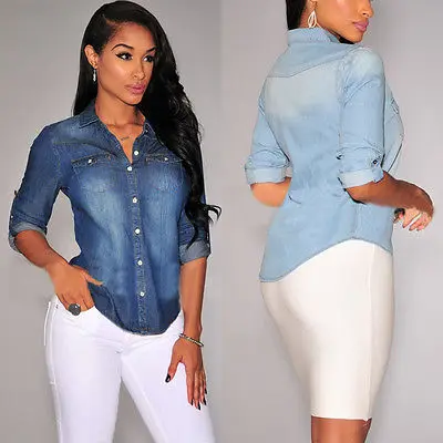 Women Casual Blue Jean Soft Denim Long Sleeve Shirt Tops Blouse Hot Lady Button Pocket Slim Top Sexy Blouse