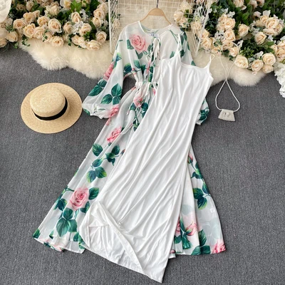 Banulin Summer Fashion Runway Boho Maxi Dresses Women\'s Long Sleeve Rose Flowers Print Elastic Waist Holiday Elegant Long Dress