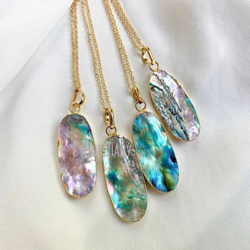 

NM36566 Genuine Abalone Shell Oval Shape Pendant Gold Plated Chain Necklace Boho Bohemian Beach Jewelry Gift For Her