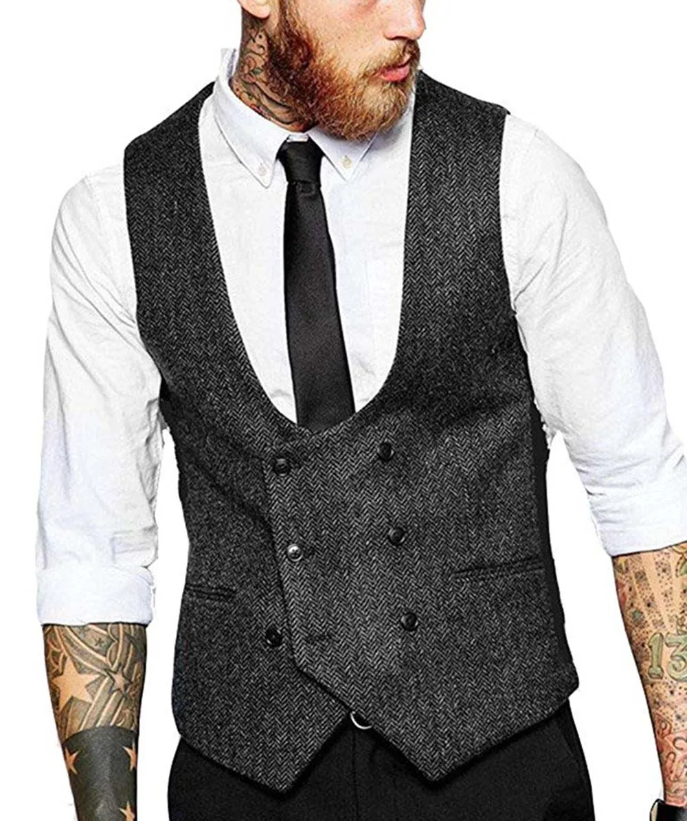 2022 New Men's Double-breasted Vest Woolen/Tweed Suit Vest Casual Top Quality Herringbone Pattern Waistcoat Groomsmen