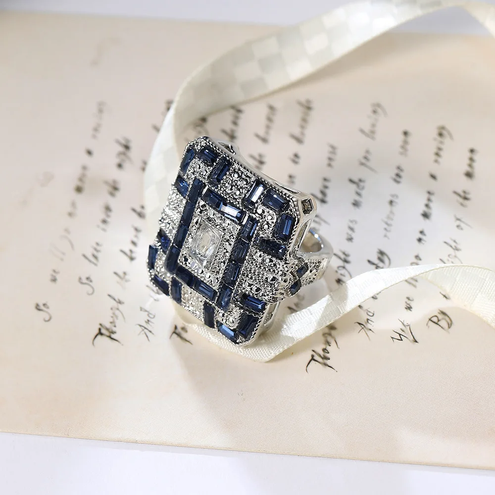 Vintage Style Blue White CZ Zircon Stone Silver Color Square Rings For Women Fashion Wedding Engagement Jewelry Hot Sale