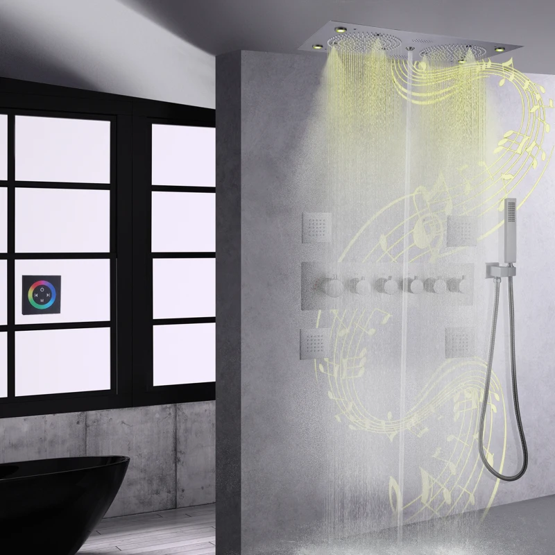 

Gun Gray LED Shower Head Music Functions Shower System Bathroom Thermostatic Rainfall Faucet Bath Shower Heads