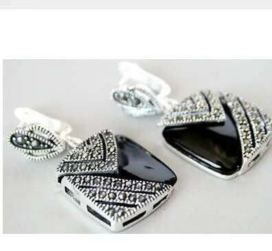 

Sterling Silver 925 BLACK ONYX Marcasite Square Drop Earrings Silver natural gem/jade/coral/opal Earrings