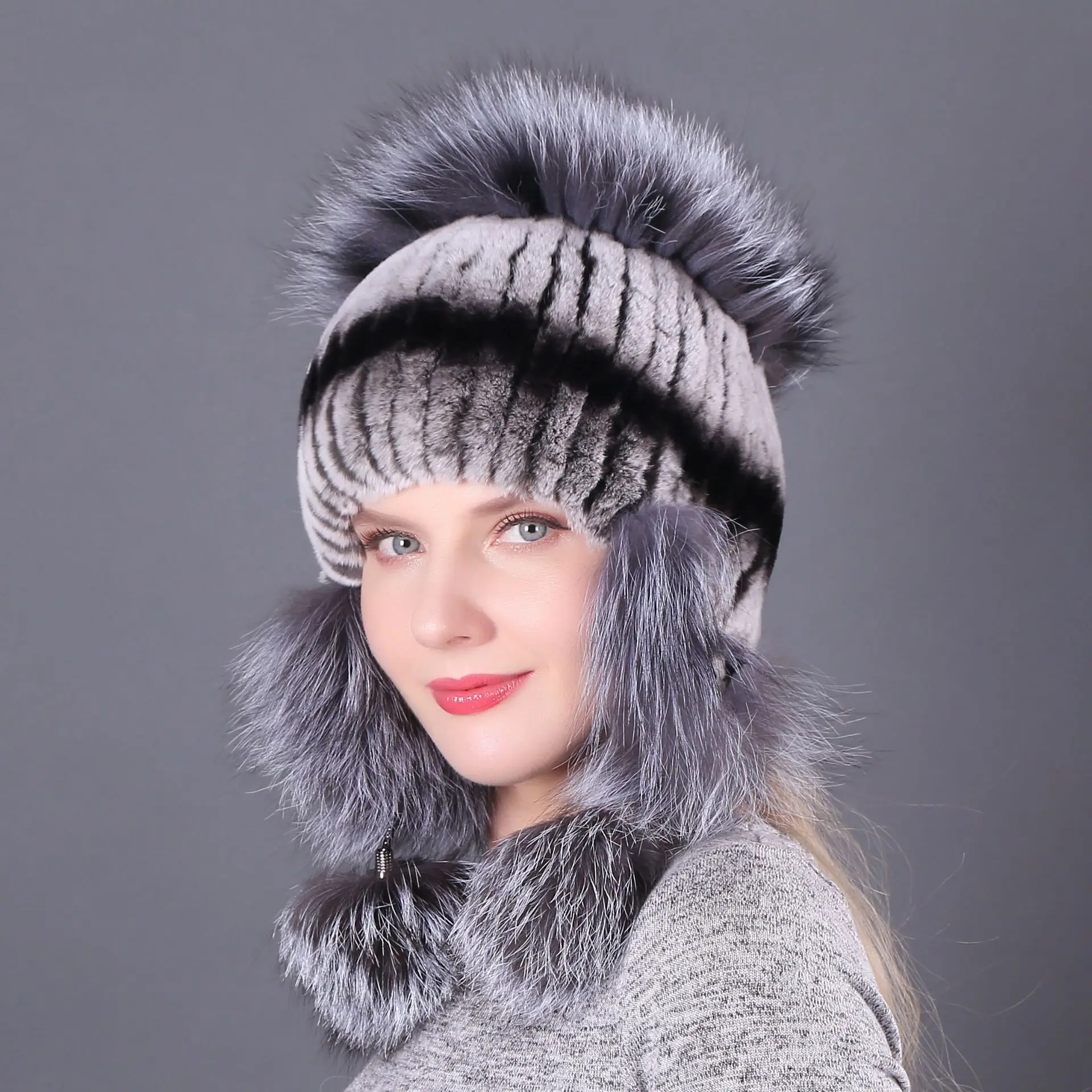 

Real Rex Rabbit Fur Hat Winter Fashion Women's Rabbit Hair Fox Fur Hat Double Wool Thickened Warm Ear Protection Caps