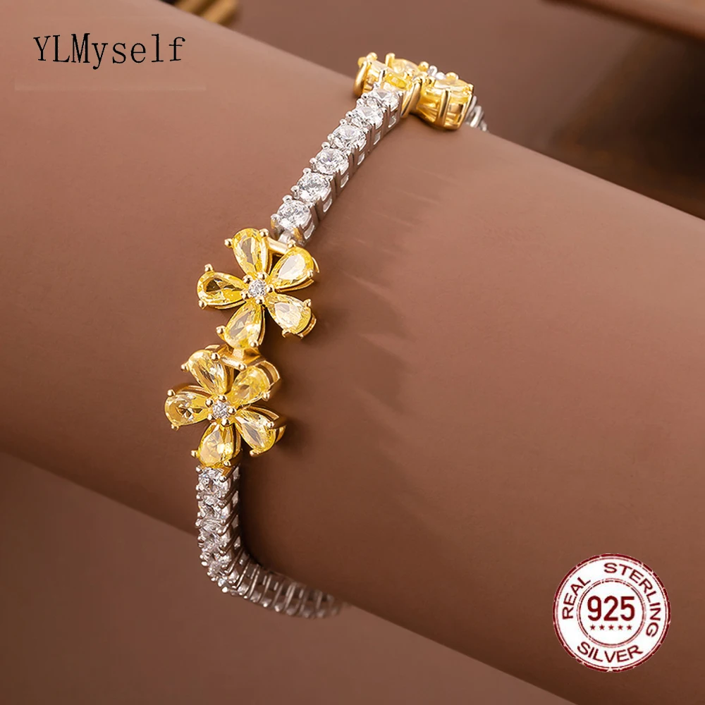 

Solid Silver 15-18CM Tennis Bracelet 2 Tone White/Yellow Flower Jewelry Gift Pave Setting 3mm Zircon Real 925 Fine Jewellery