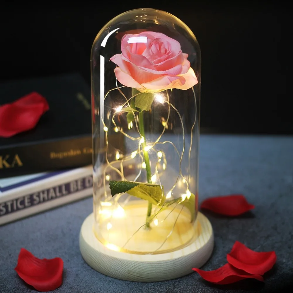 Rosa eterna Artificial Led, cubierta de cristal de La Bella y La Bestia, decoración del hogar de Navidad, regalo de Año Nuevo del Día de San Valentín de la madre