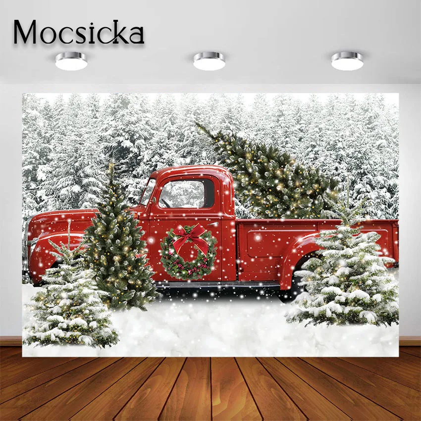 Fond de photographie de camion rouge de Noël, forêt de neige d'hiver, arbre, Let it Snow, fête saisonnière, photographie de portrait, séance photo P