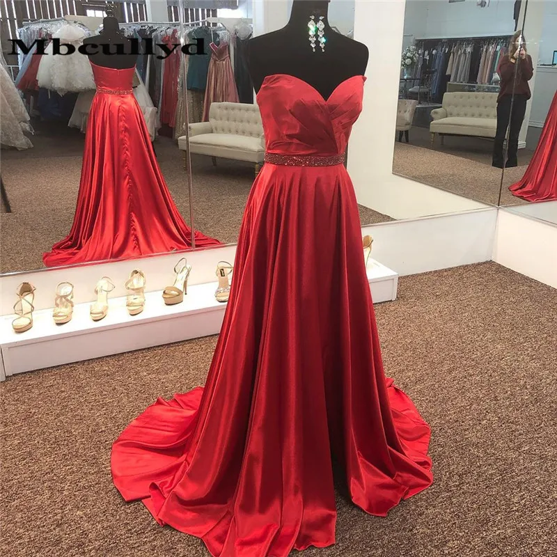 

Elegant Red Satin Formal Prom Dress For Women A Line 2023 Cheap Long Sweep Train Evenig Dressses Vestidos De Fiesta De Noche