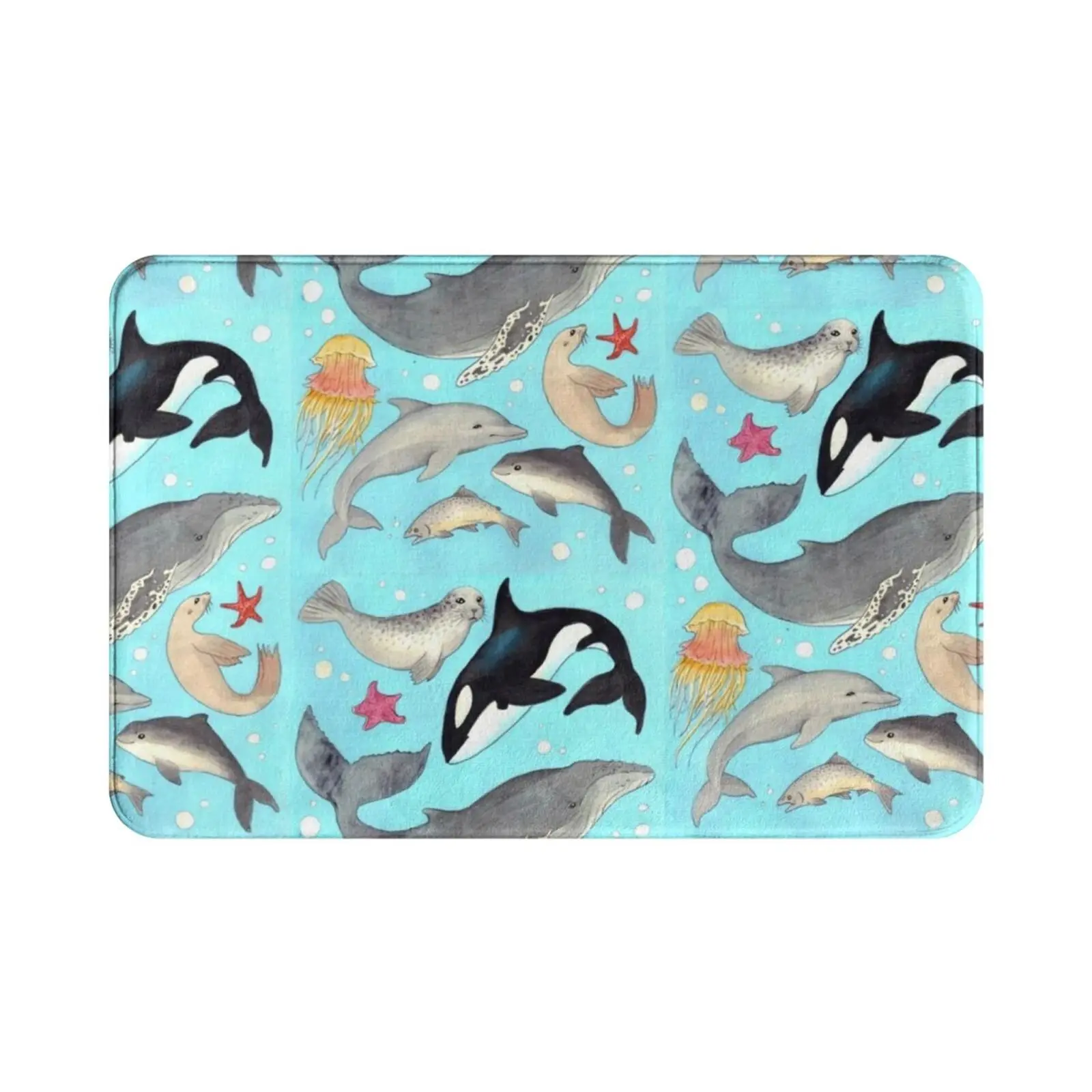 Pnw Marine Life Carpet Mat Rug Cushion Soft Marine Ocean Whale Dolphin Seal Orca Fish Jellyfish Starfish Salmon Pnw