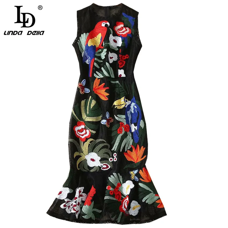 Imagem -06 - Linda Della-vestido sem Mangas para Mulheres Vestido Vintage com Renda Bordados de Flores Estilo Sereia Babados Bodycon Moda Verão ld