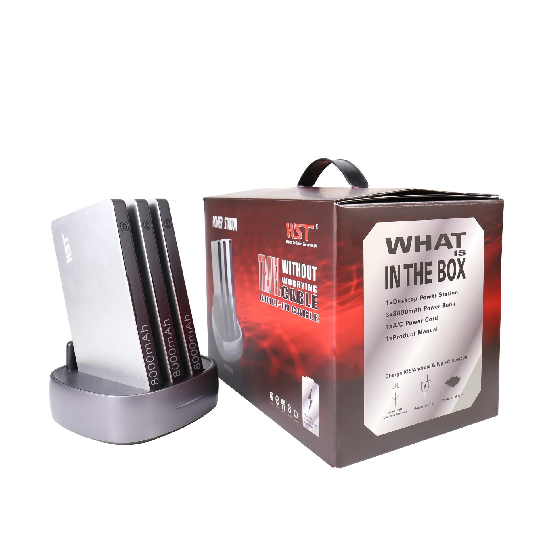 Power Bank, 8000mAh, chargeur rapide, 3 pièces, avec câble intégré, pour Samsung S20 iPhone 12 11