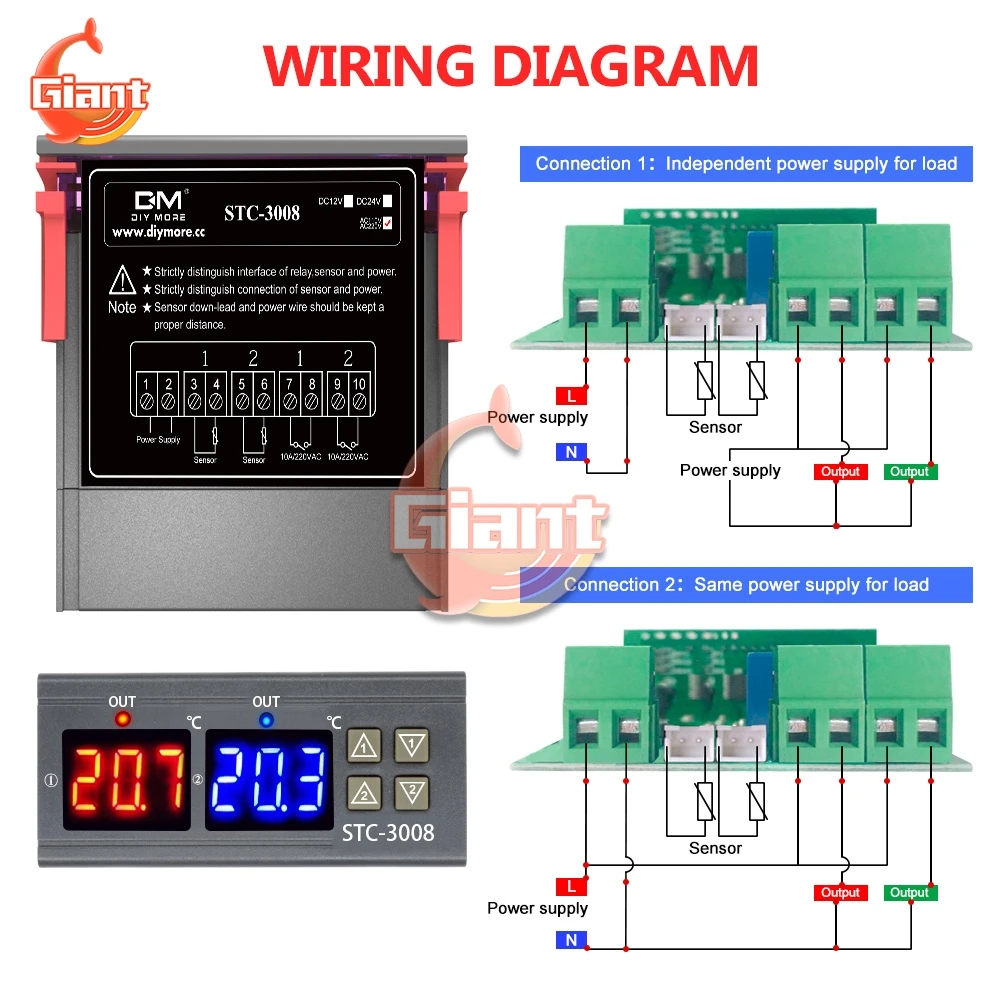 STC-3008 110V 220V Thermostat Temperature Controller for Bird Two Relay Output Temperature Regulator Heating Cooling Thermometer