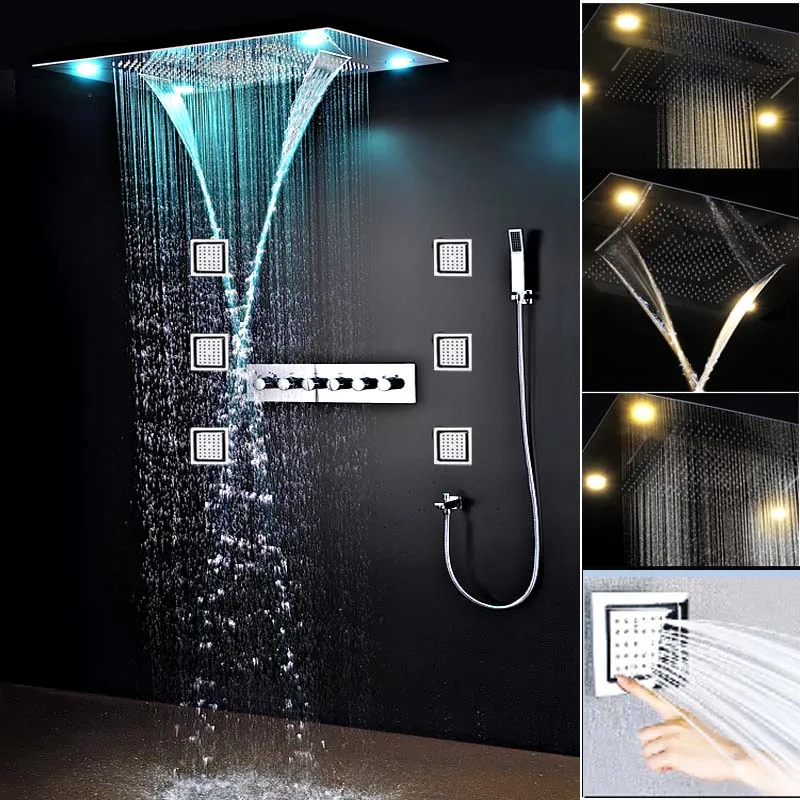 

Hotel LED Shower Set Concealed Ceiling Large Rainfall Waterfall 4 Inch Massage Body Jet High Flow Shower System
