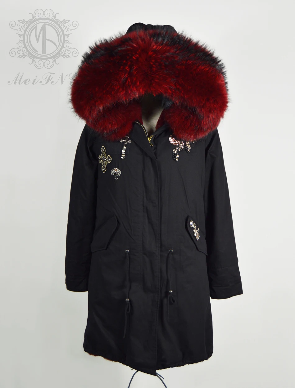 Perle schwarzer Parka mit Fell lange Winter Frauen Wein rot Kunst pelz Mantel Waschbär Pelz besatz