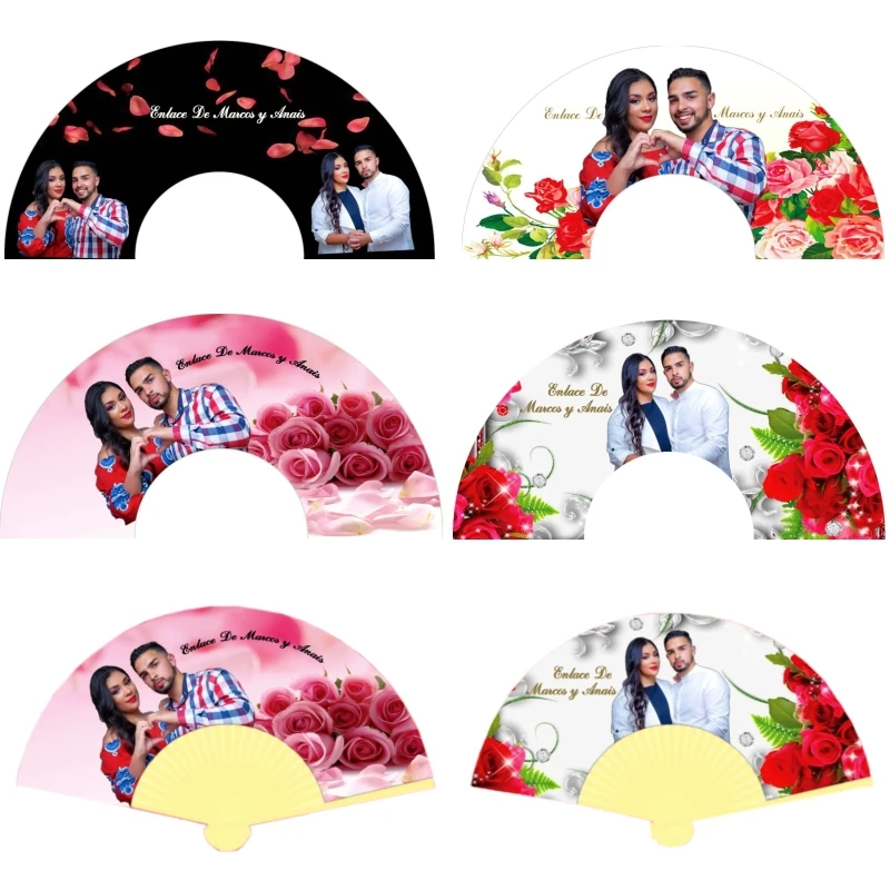 100pcs/lot Customized Silk Fabric Folding Fan with Bride & Groom's Picture & Wedding Date Printed Hand Held Wedding Gift Favor