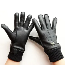 Motorcycle Riding Touch Screen Deerskin Gloves Men's Wool Lining Threaded Sleeves Winter Warm Car Driving Leather Finger Gloves