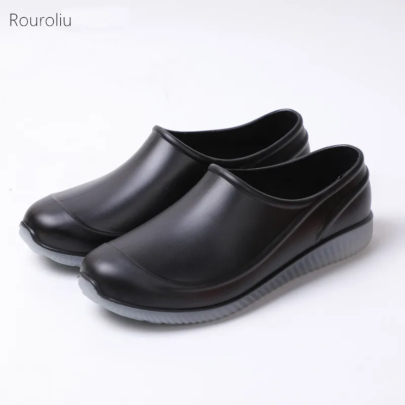 

Rouroliu Lovers Platform Ankle Rainboots Women Flat Water Shoes Men Waterproof Work Boots Couple's Rain Shoes Plus Size 36-45