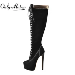 Onlymaker Over the Knee Thin High Boots Women Pointed Toe Stiletto Flock Zip  Black Big Size Fashion Lace UP Platform Boots