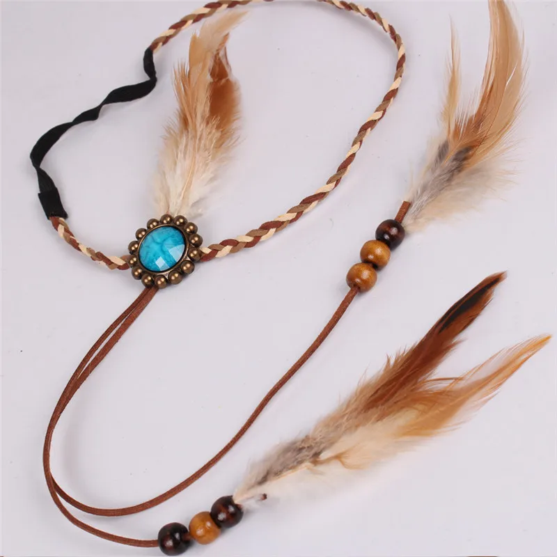 Bohemian Style Indian Feather Headband Headdress Hair Rope Headwear Tribal Hippie Handmade Hair Accessories for Women 21