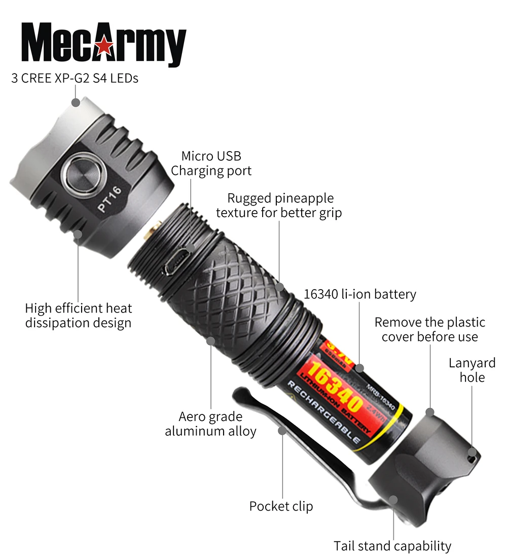 Portable compact flashlight MecArmy PT16 USB Rechargeable 1100 Lumens EDC Flashlight built-in 16340 battery